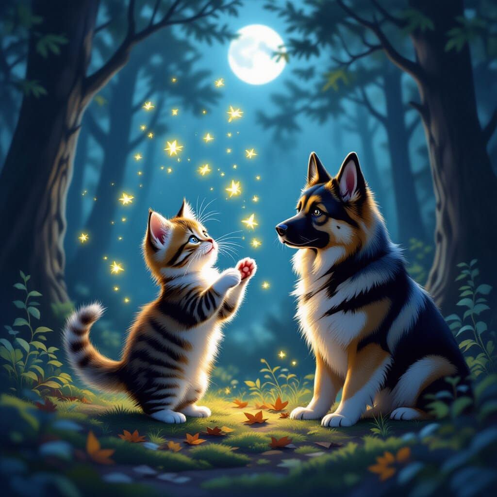 Kitten Magically Summons Fireflies in Moonlit Forest