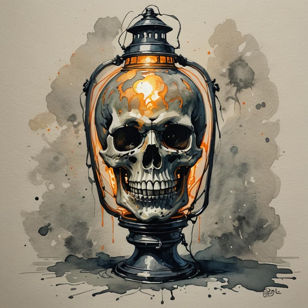 Glowing Skull Lantern in Gouache Style