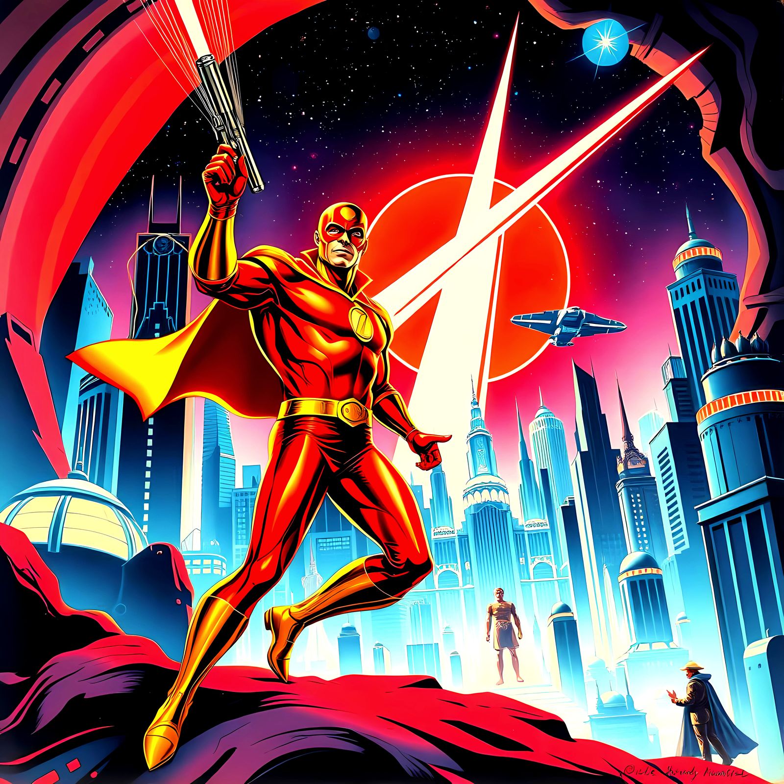 Flash Gordon Illustration in Retro-Futuristic Art Deco Style