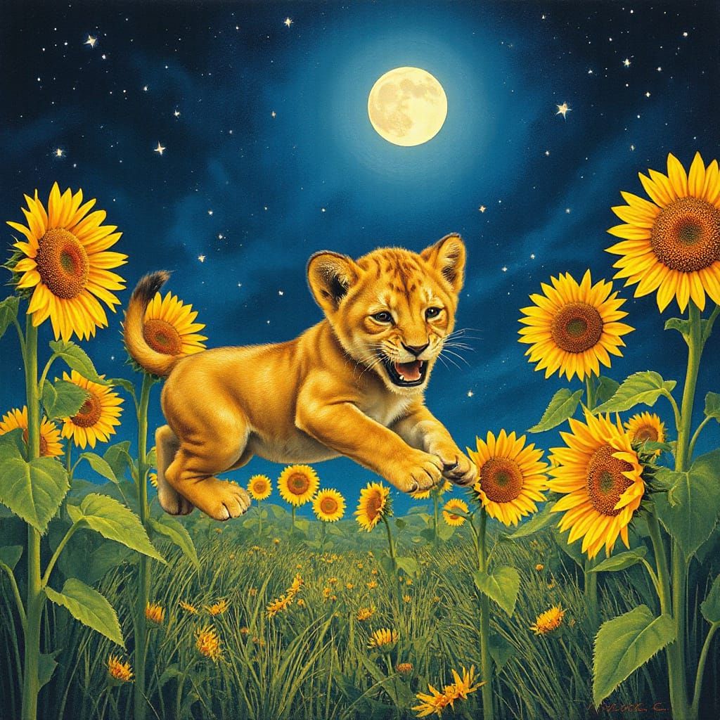 Playful Lion Cub in Sunflower Field Under Starry Night