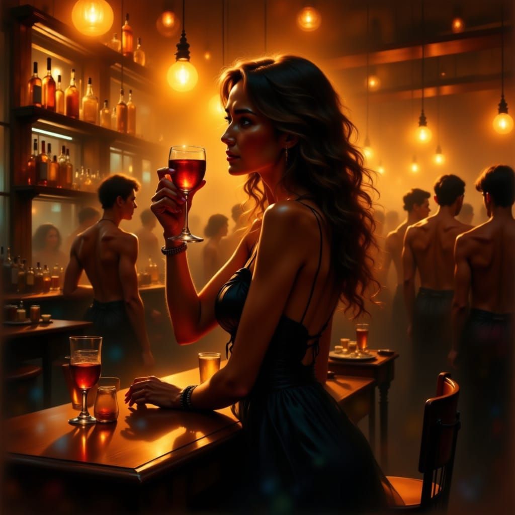 Woman Toasting in Bar, Fine Art Style