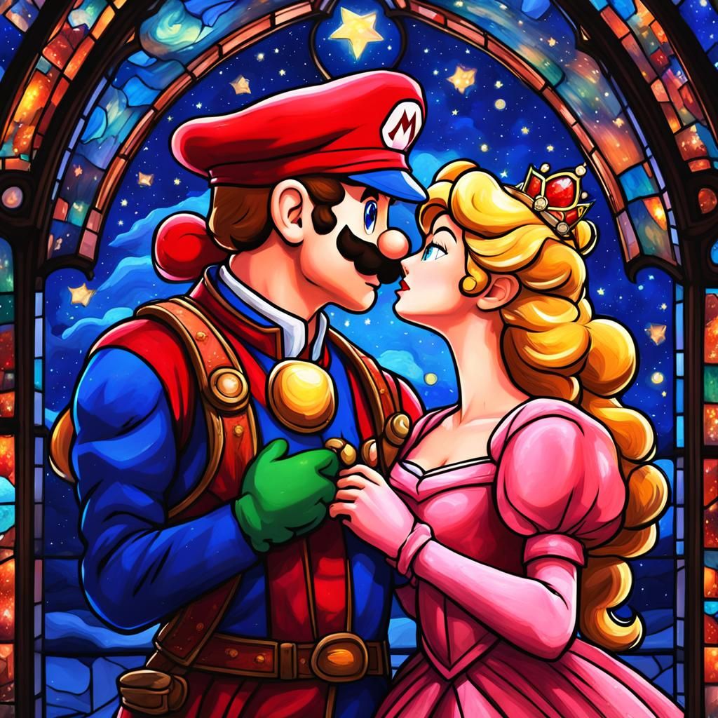 Mario and Pregnant Princess Peach Kiss in Gouache Style