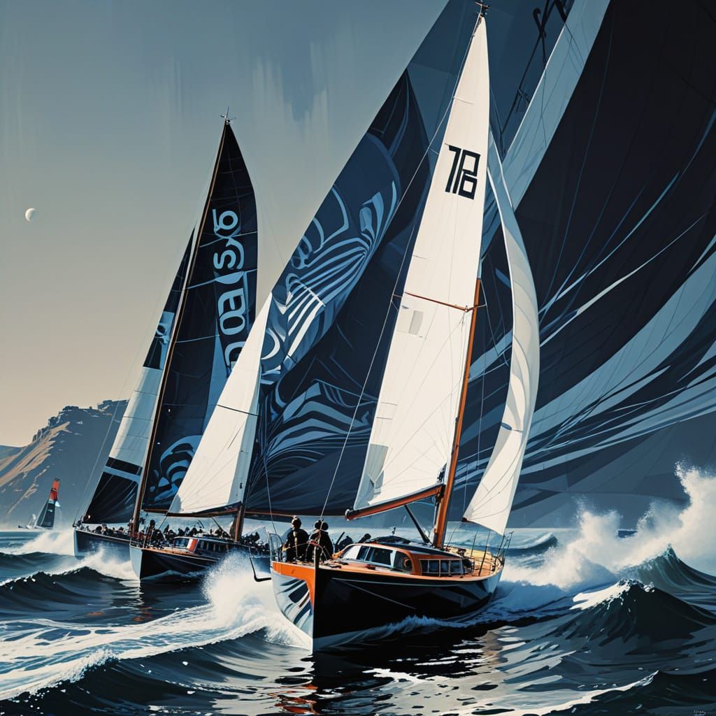 Surreal America's Cup Sailboat in High-Contrast Ink Style