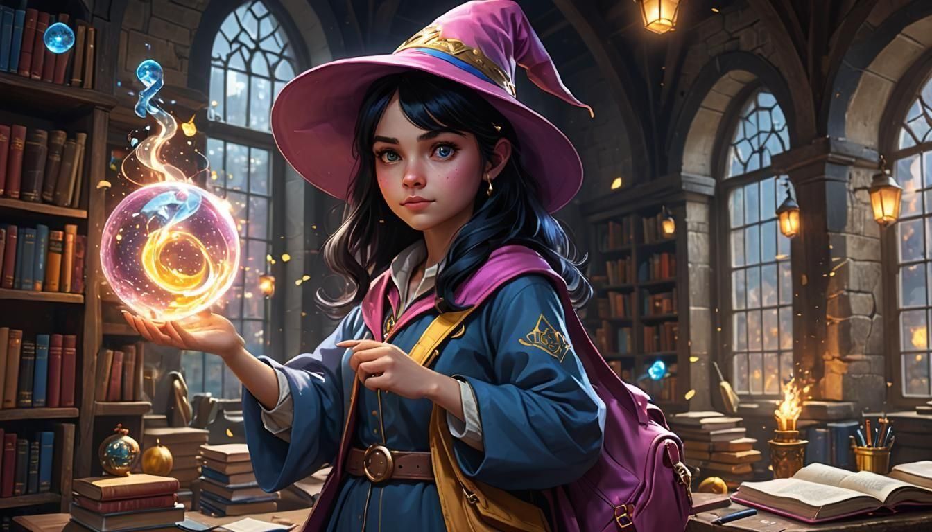 Young Female Wizard Packing Bookbag with Magic