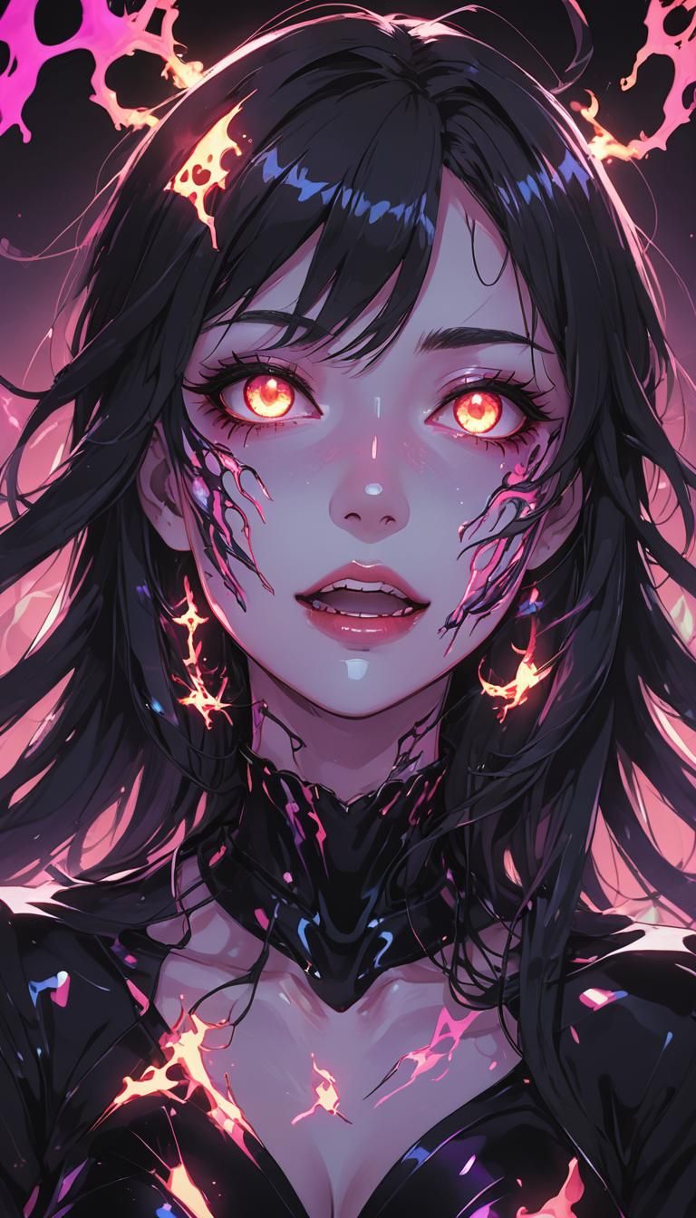 Spooky Neon Anime Girl Portrait in Manga Style