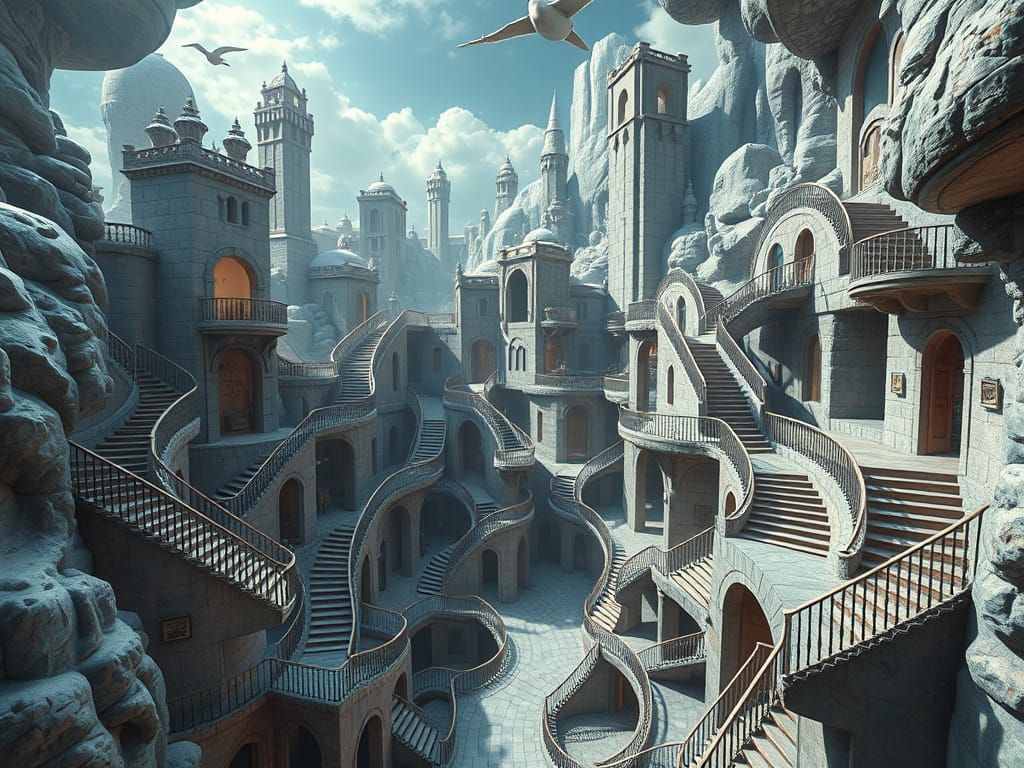 Impossible Architecture Landscape in Escher Style