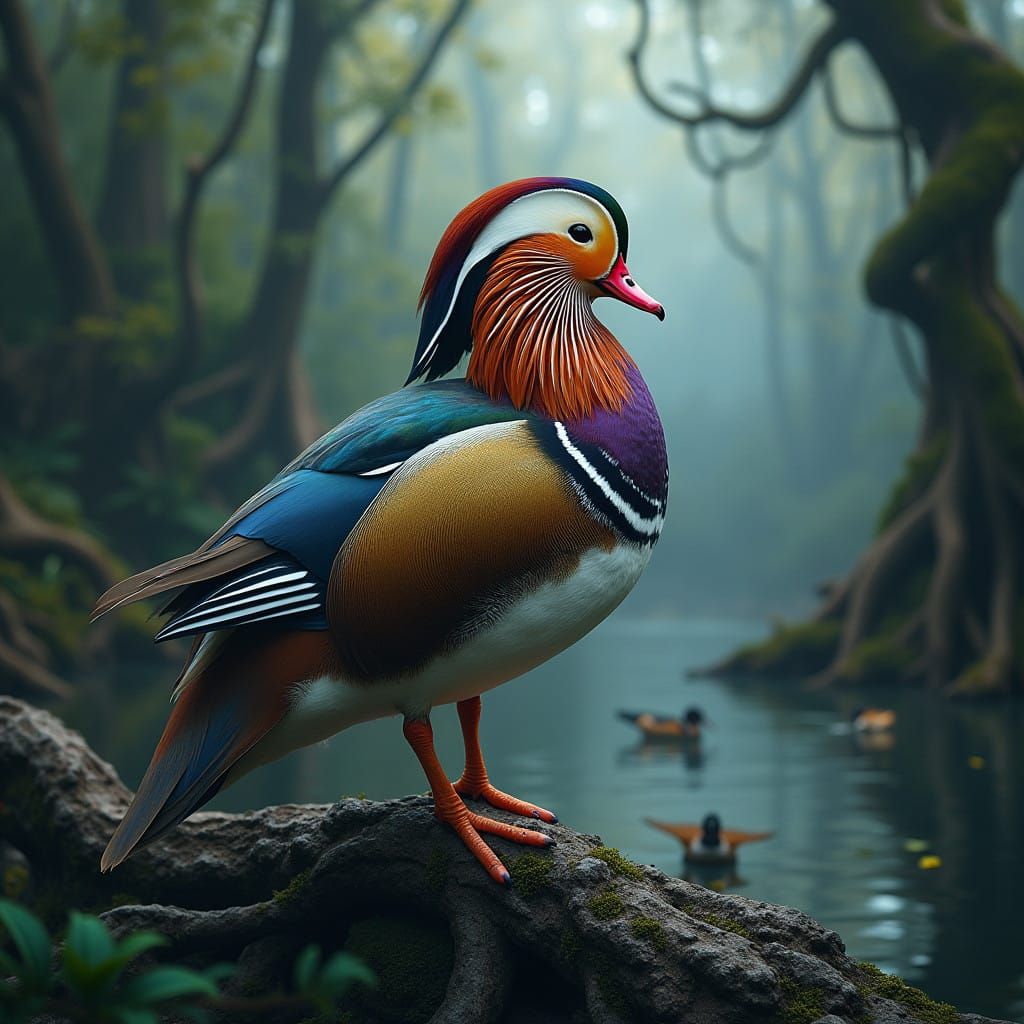 Mystical Mandarin Duck in Eerie Nature Preserve