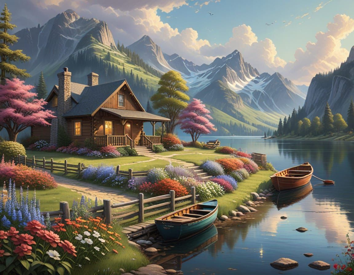 Cabin in Mountain Landscape as Matte Painting
