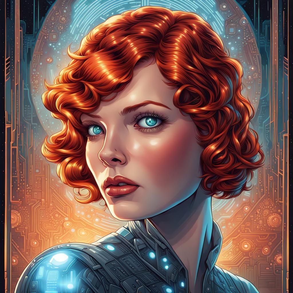 Holographic Redhead Portrait in Comic Book Style