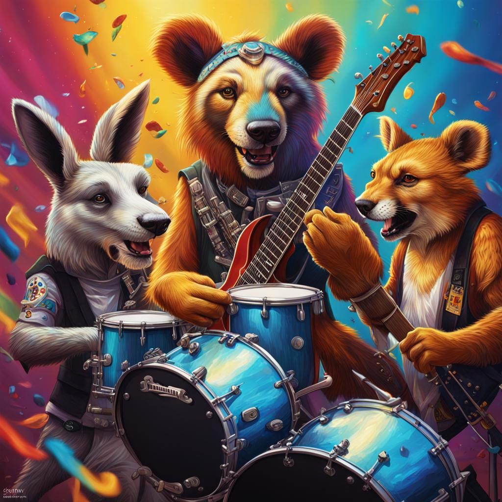 Hyperrealistic Animal Band Performing On Stage