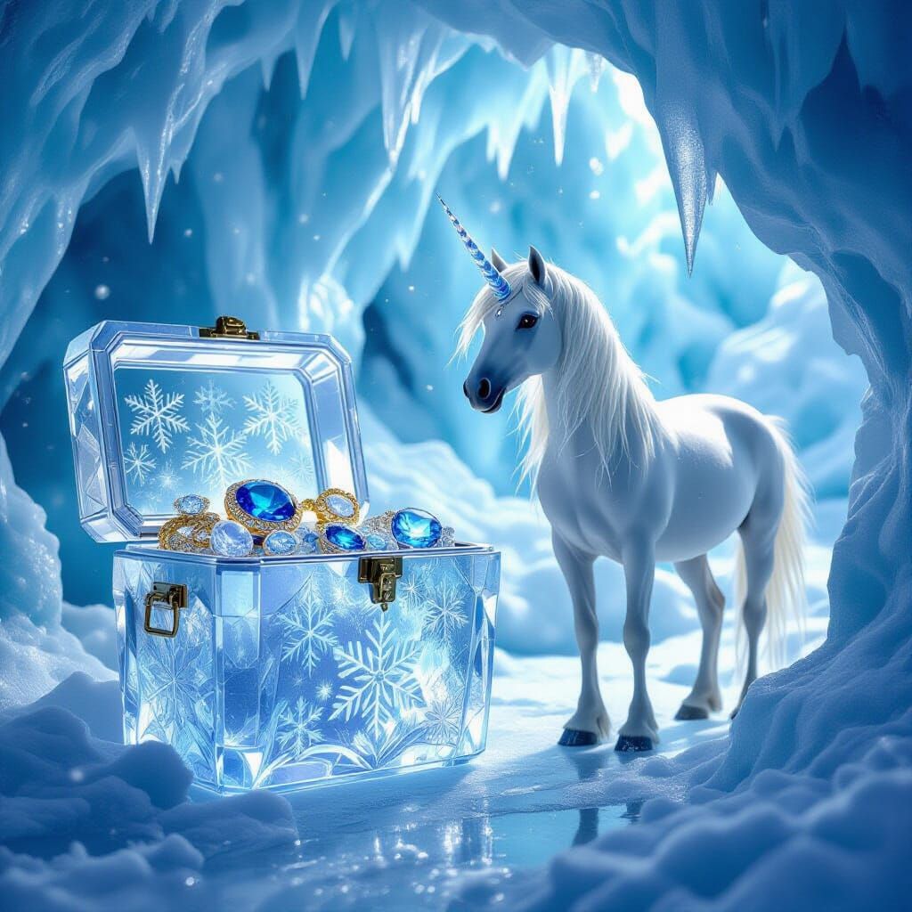 Majestic Unicorn Guards Crystal Ice Chest of Treasures in a ...