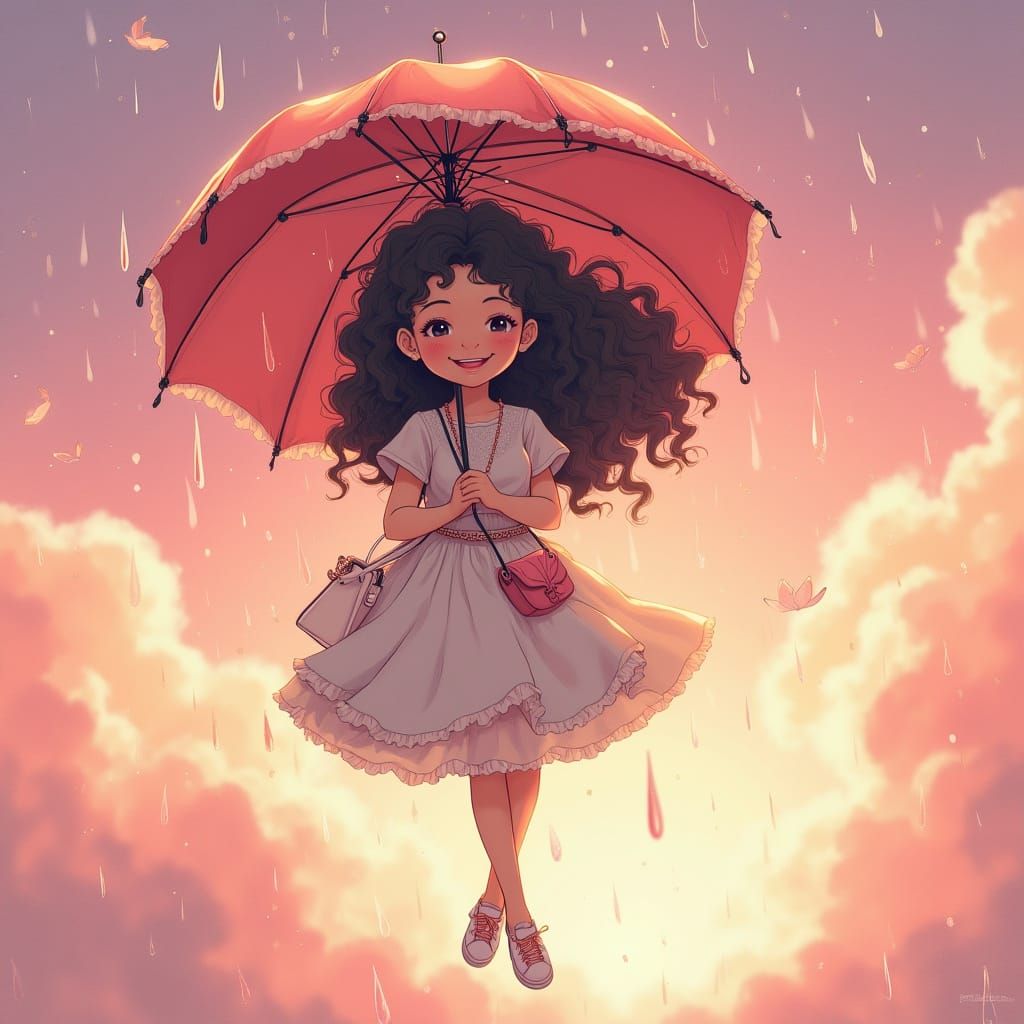 Girl Flying with Umbrella in Pink Sky, Anime Style