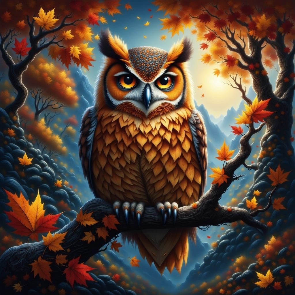 Autumn Owl in Moonlit Forest: Whimsical Fantasy Art