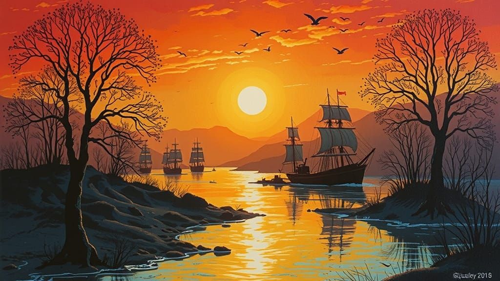 New American Deposit in Modern European Ink Painting Style