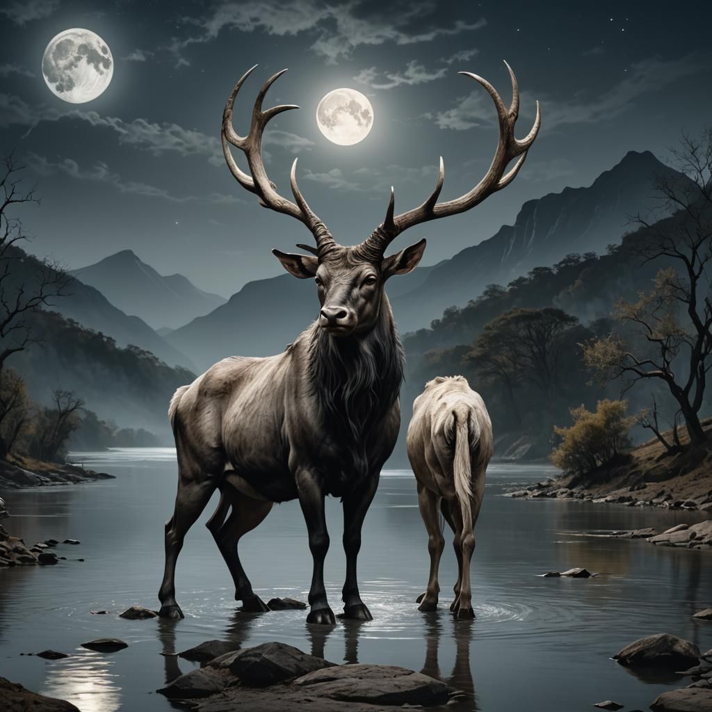 Horned Creature Silhouetted with Full Moon