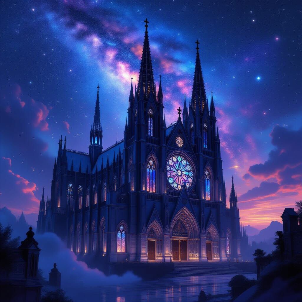 Gothic Cathedral Floating in Cosmic Nebula