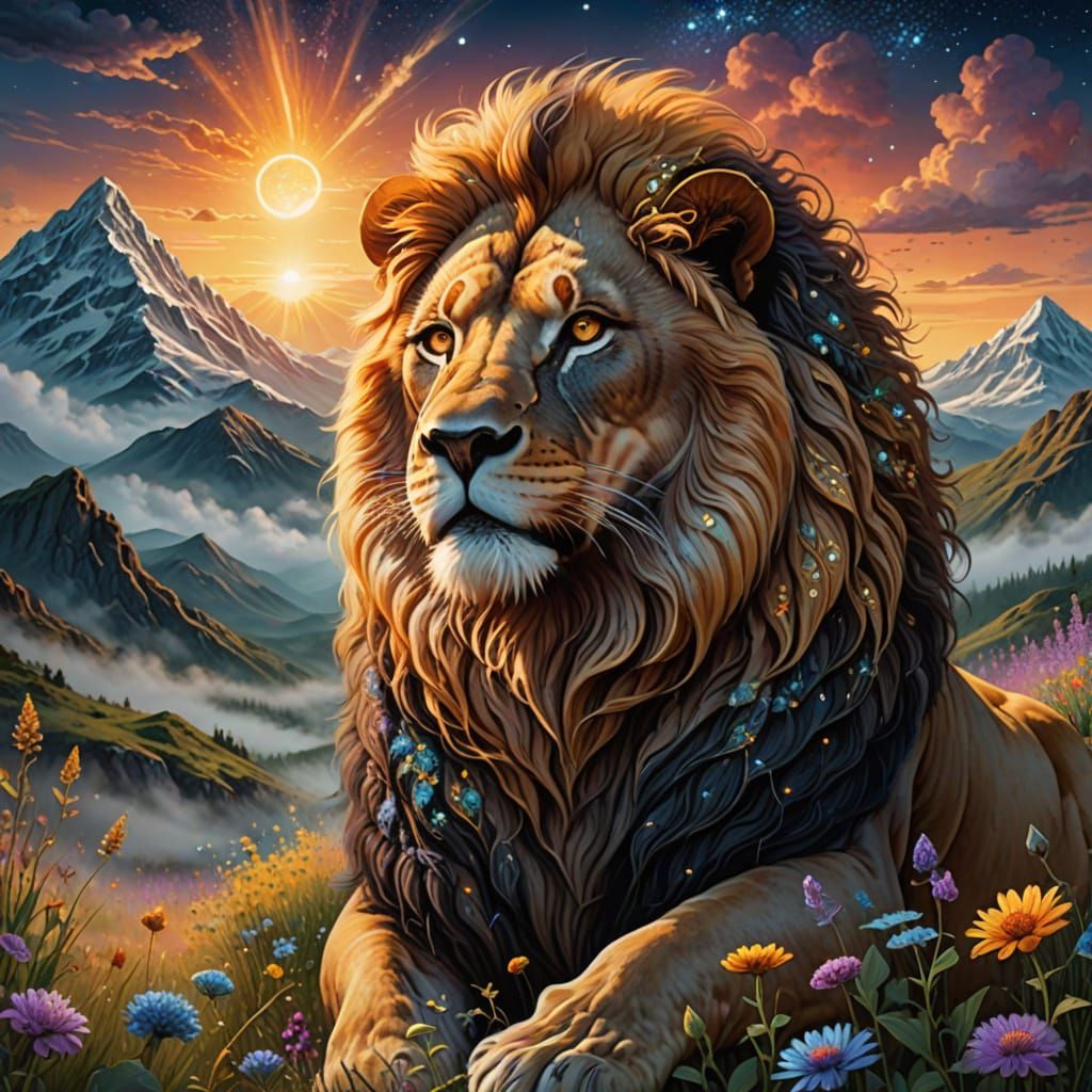 A majestic lion with a flowing mane of wildflowers, standing on a misty mountain peak at sunset. The lion's fur shimmers...