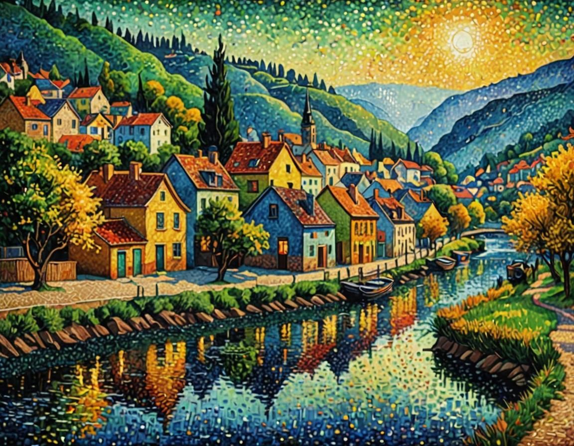 Pointillist River Town Painting in Double Exposure Style