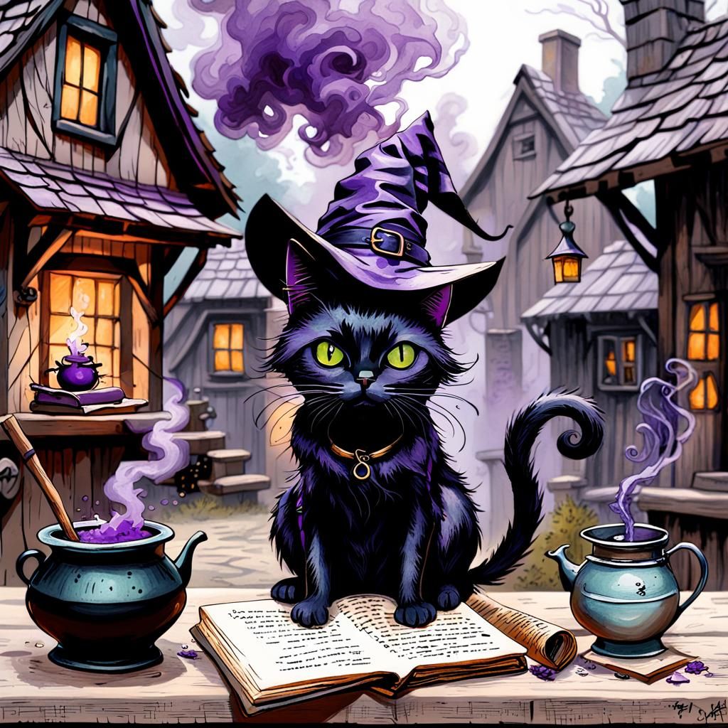 Whimsical Witch Girl in Cottage, Mail Art Style