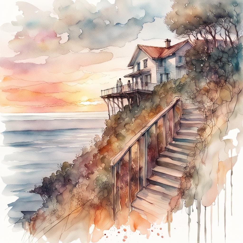 Whimsical Baltic Sea Landscape in Pastel Ink