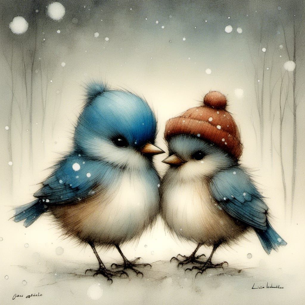 Bluebirds Weather Winter Storm in Fantasy Art