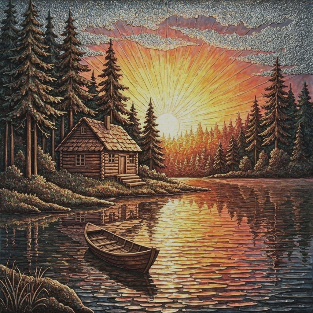 Embossed Metal Forest Lake Sunrise Cabin Artwork