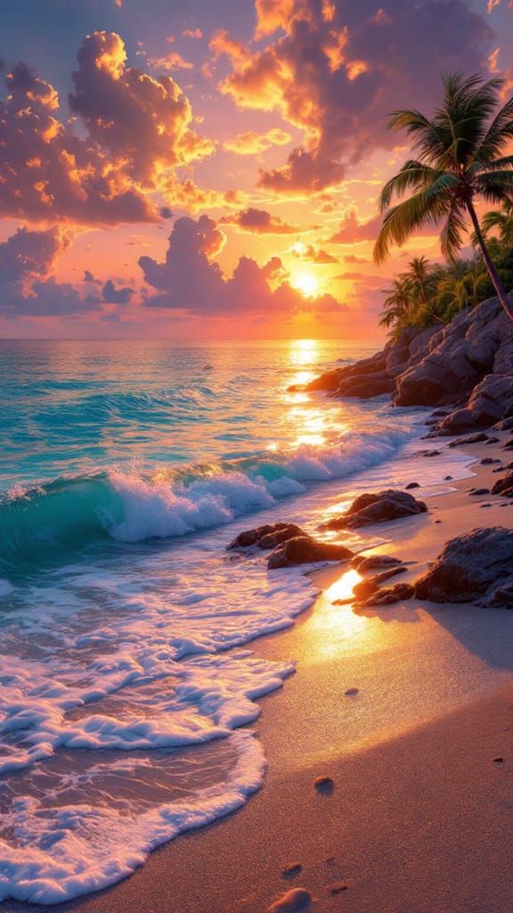 Tropical Sunset in Pastel Hues with Fantasy Elements