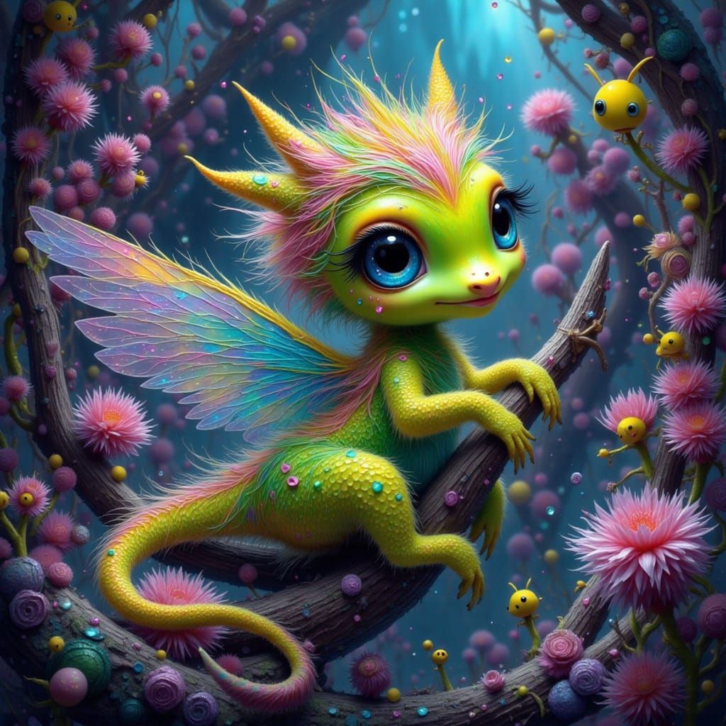 Iridescent Seahorse Creature in a Crystal Cave