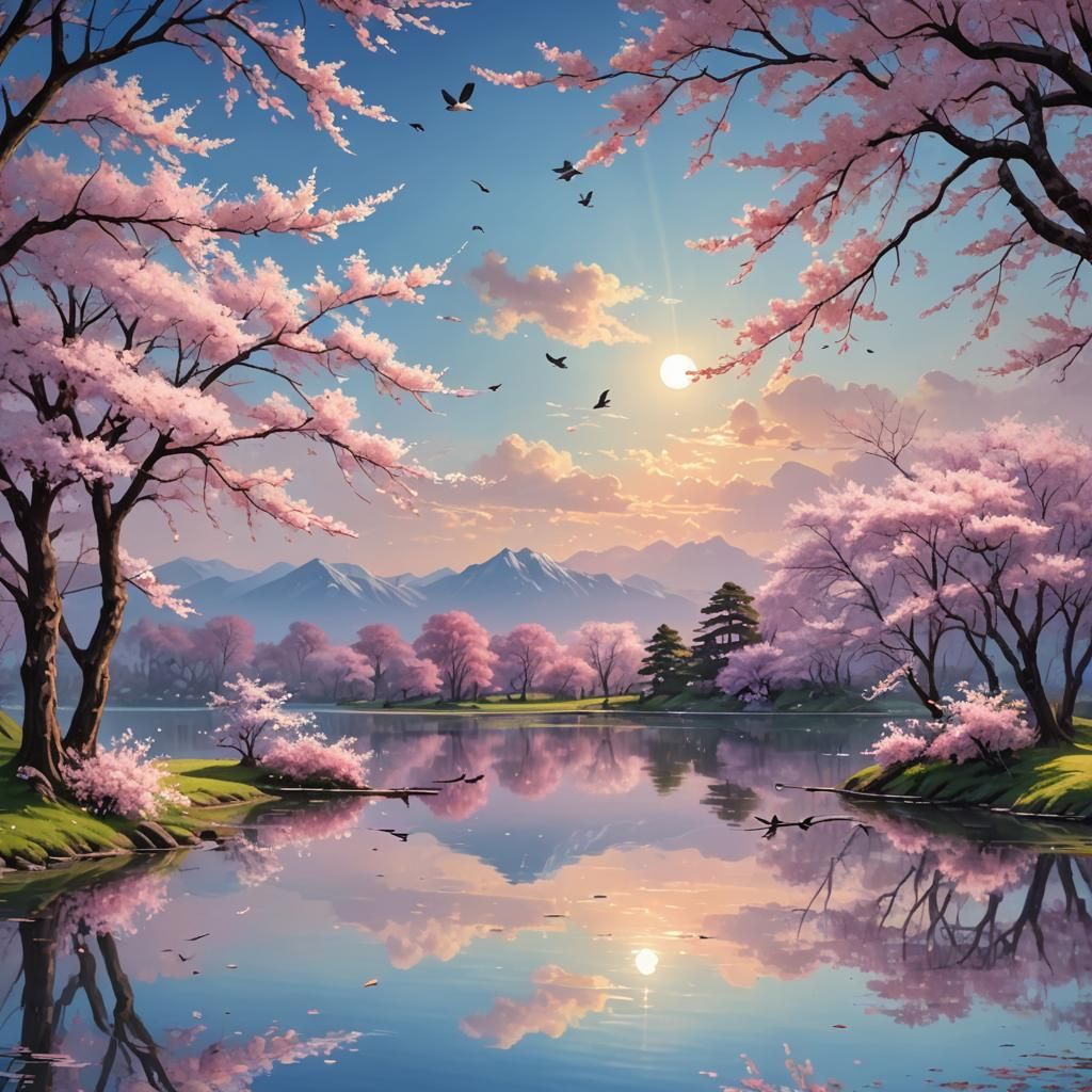 Lakeside Cherry Blossoms Reflect Pastel Sky