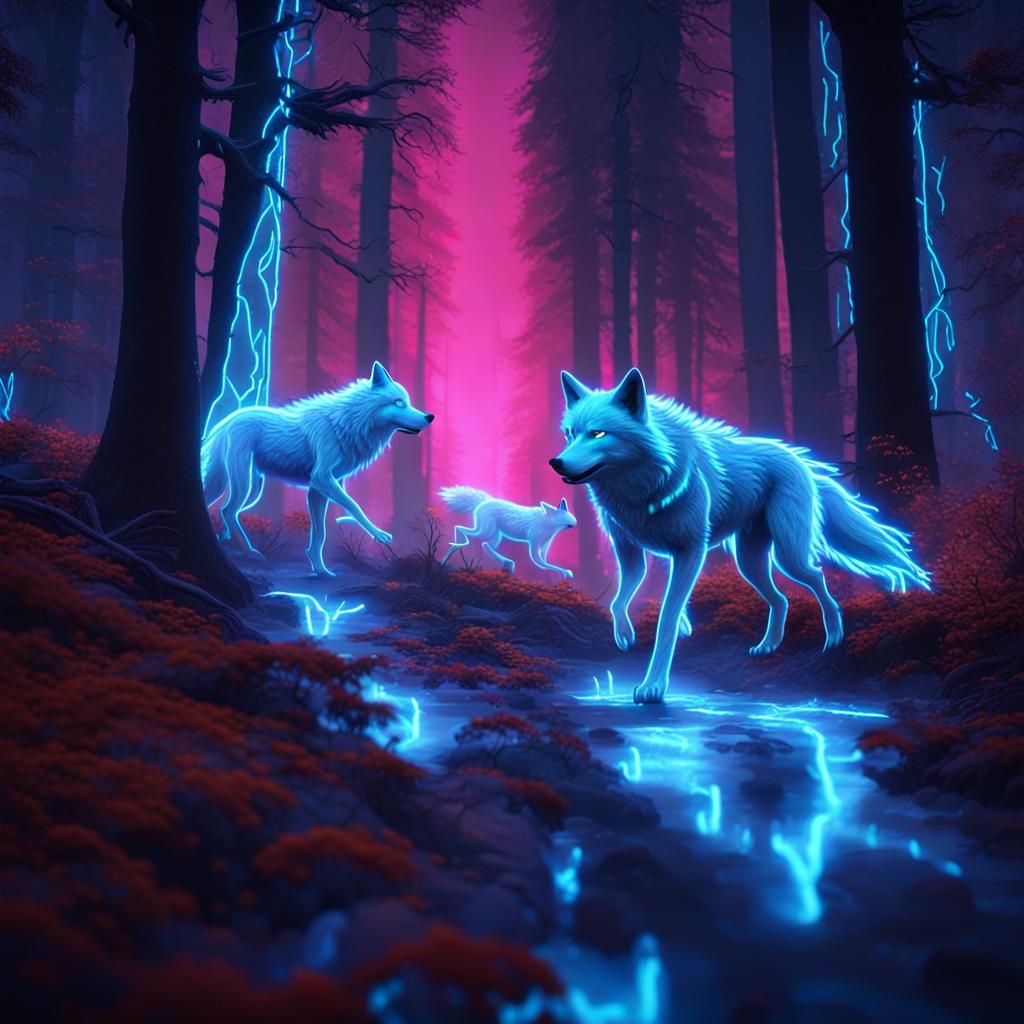 Neon Spirit Wolves in a Forest, 3D Rendered