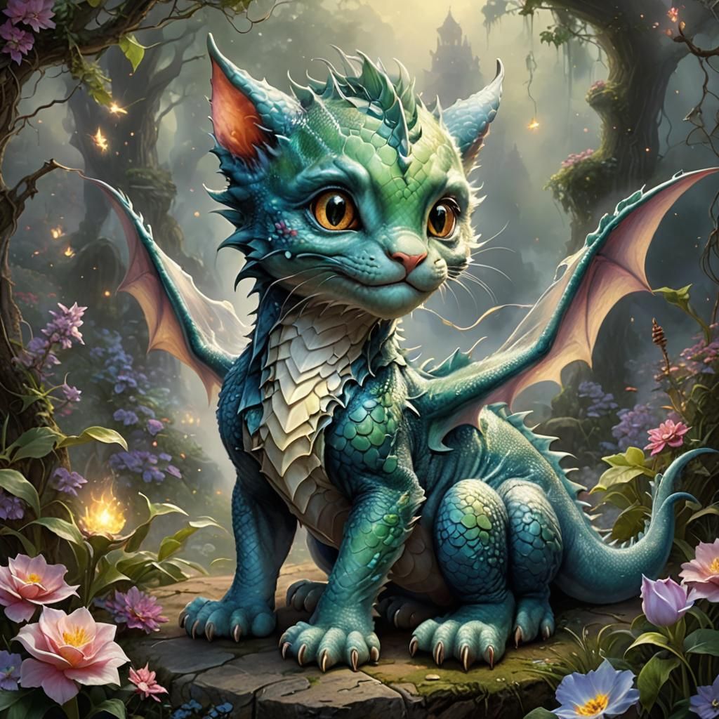 Ethereal Kitten Dragon in Fantasy Landscape