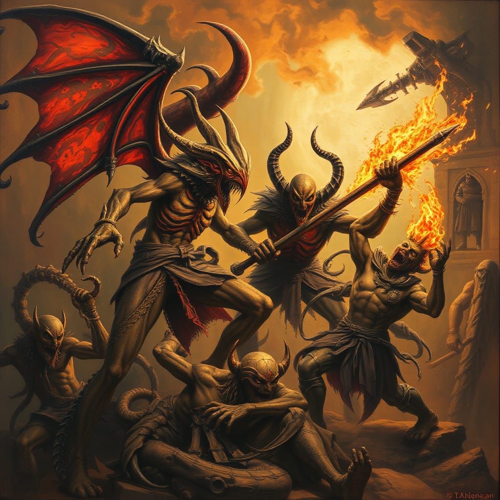 Intricate Fantasy Battle Scene in Encaustic Style