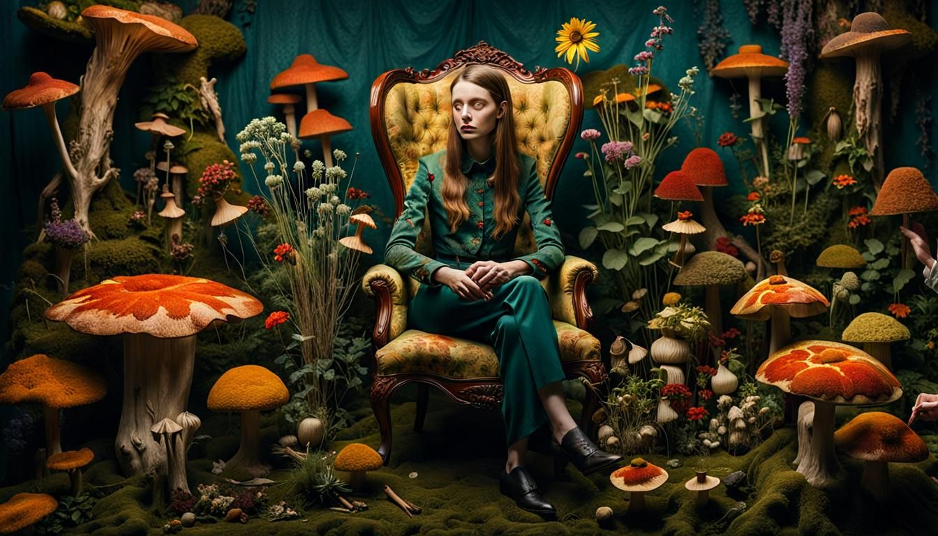 Celestial Fungi Hunter in Floral Chair, Surreal Fairytale