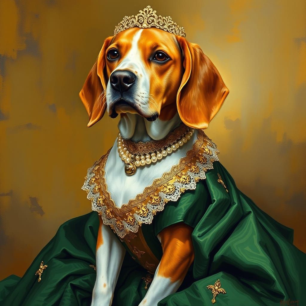 Regal Beagle in Elegant Dress, Oil Painting Style