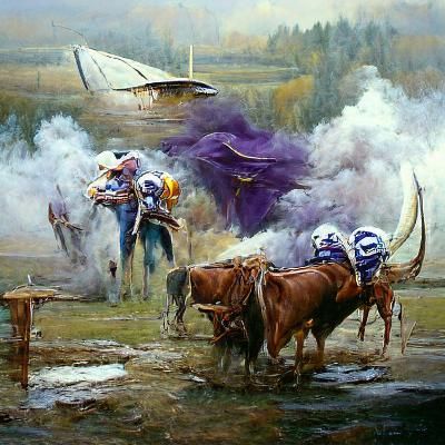 Cowboys Clash with Vikings: Oil Painting