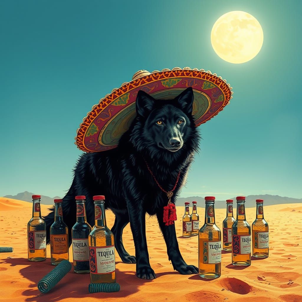 Black Wolf Sombrero Desert Scene in Surreal Style