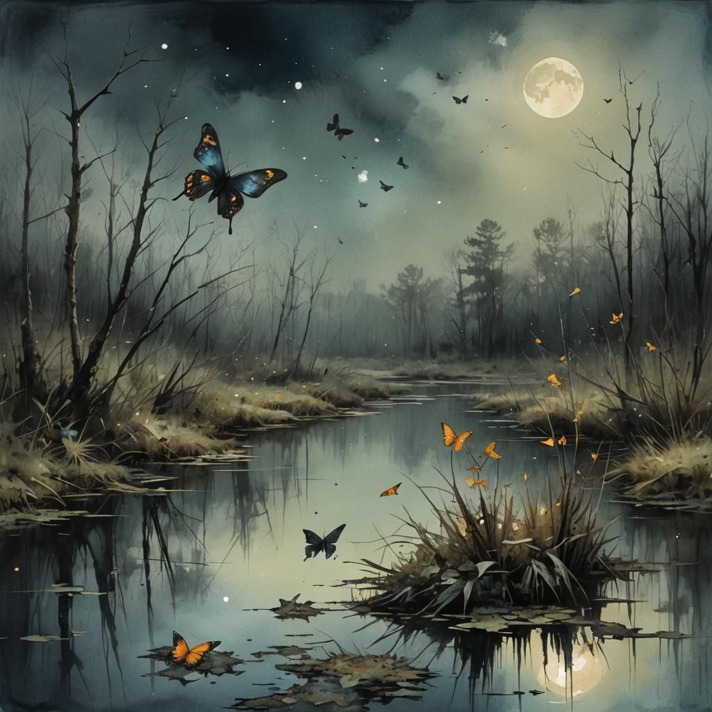 Butterfly in Stygian Swamp: Expressive Watercolor