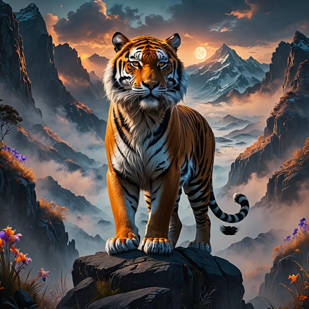 Mystical Tiger on Mountain Peak in Vibrant Fantasy Concept A...