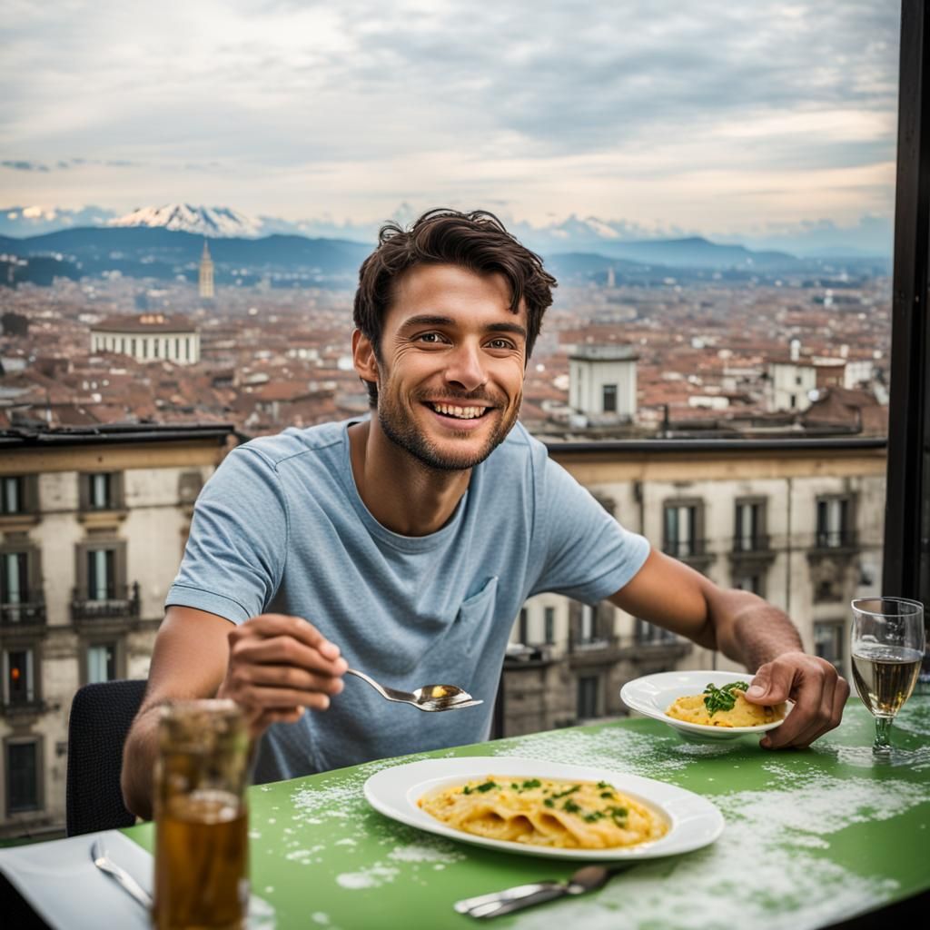 Young Man Enjoying Ravioli with Turin City View