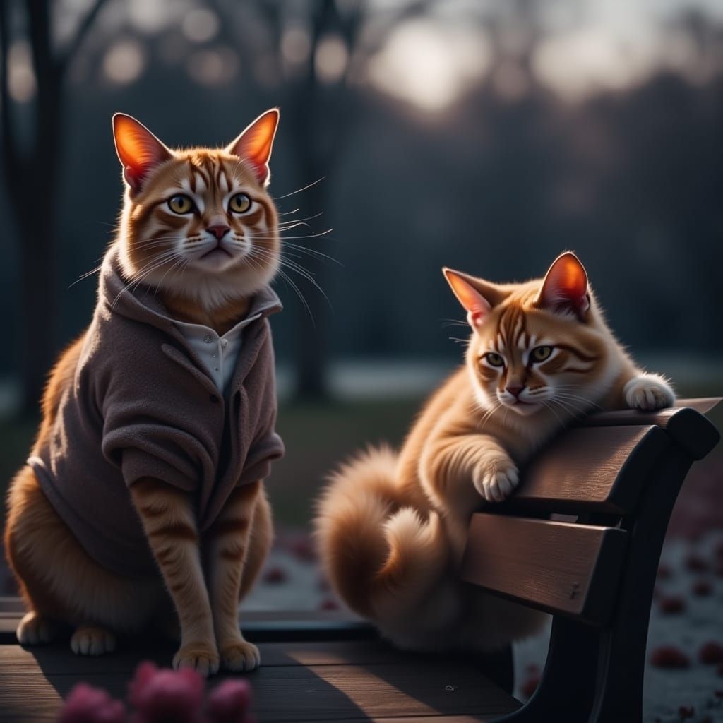 Realistic Cat and Human Sit on Park Bench at Dusk