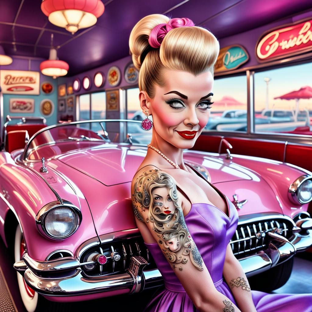 1950s Pin-Up Caricature on Corvette, HDR Photography