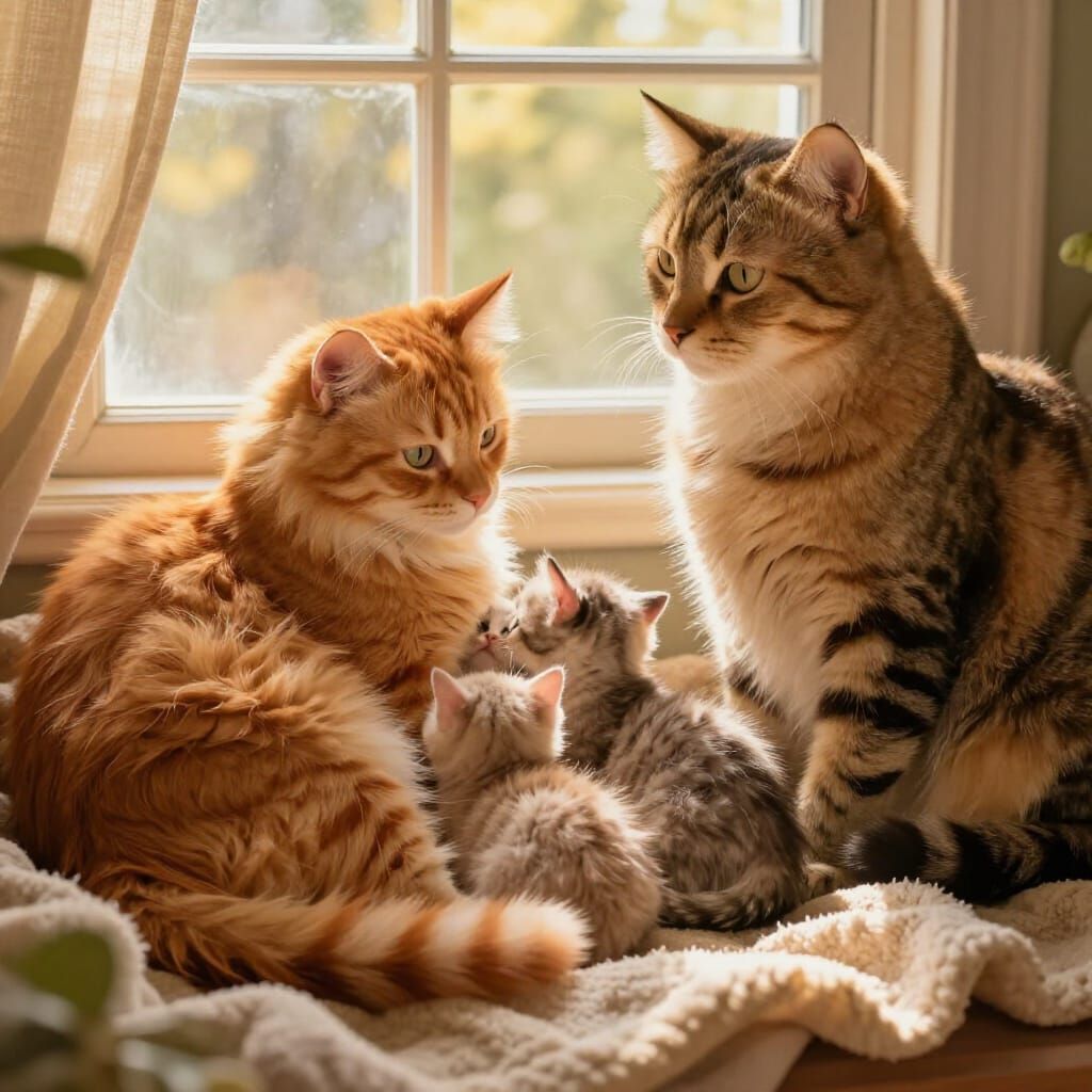 Ginger Cat Family in Cozy Window Nook