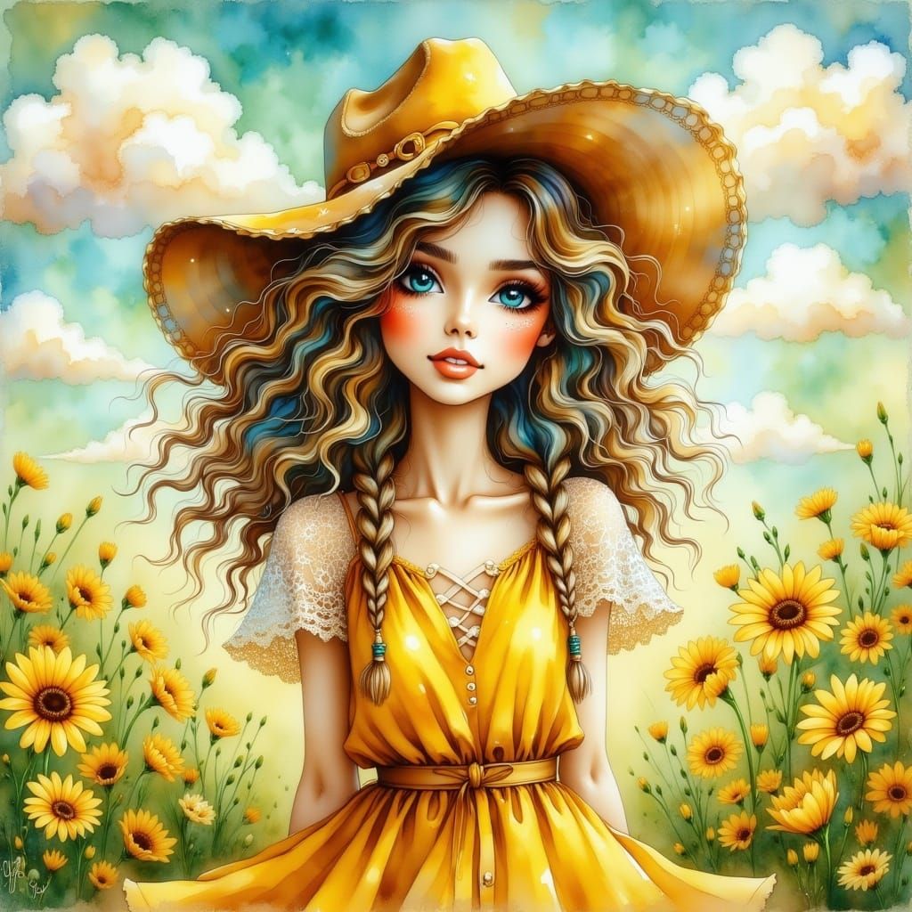<lora:WatercolorPaintiFlux:1.0> Happy cowgirl doll, joy