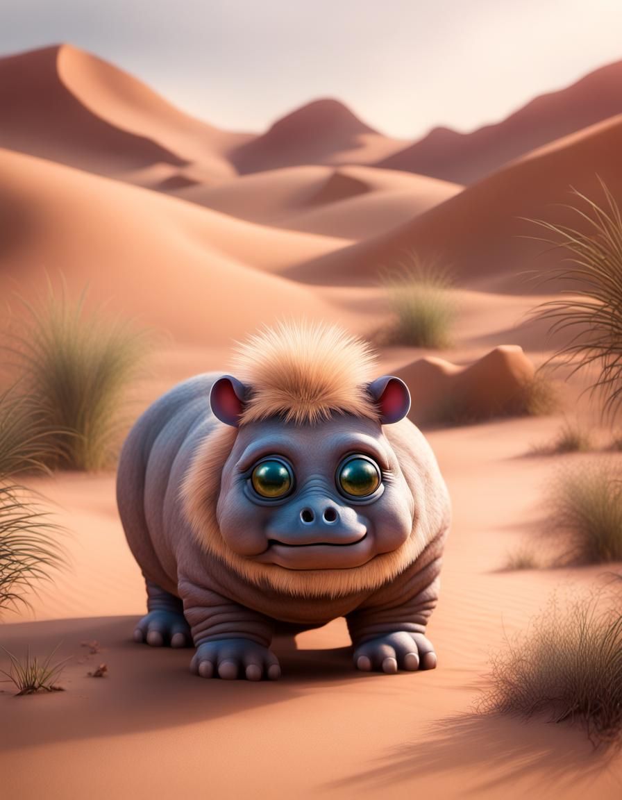 Photorealistic Furby-Hippo Hybrid in Sahara Landscape