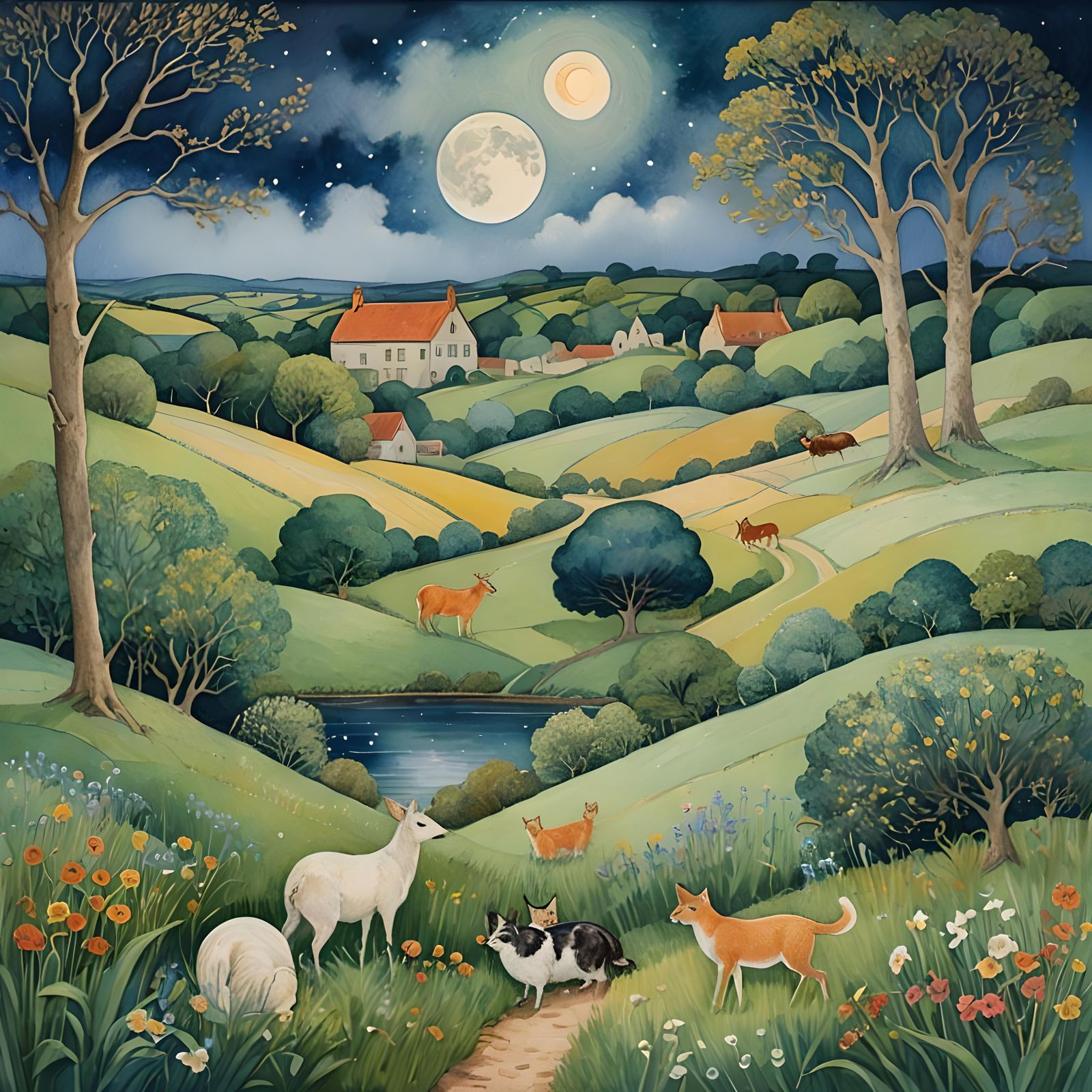 Moonlit English Countryside Watercolour Painting