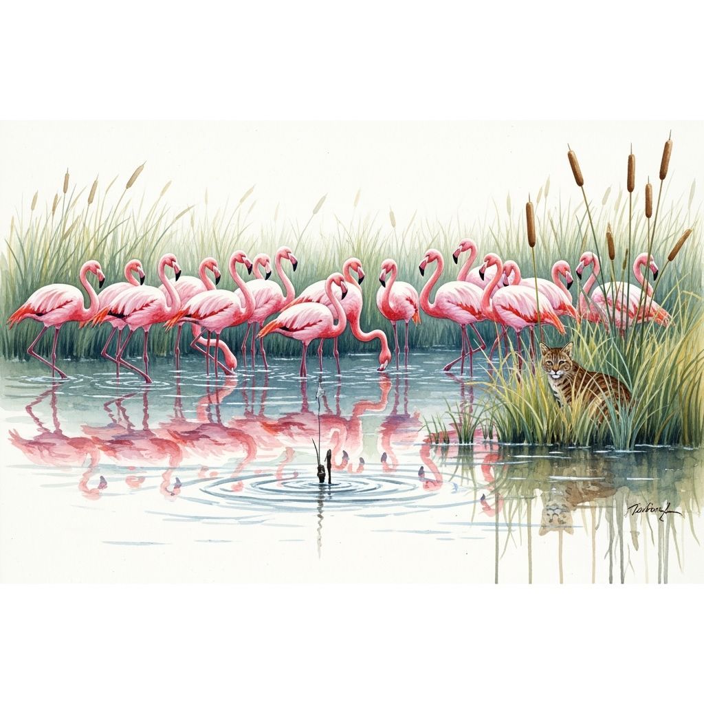 Flamingos in Watercolor by Lakeside Reeds