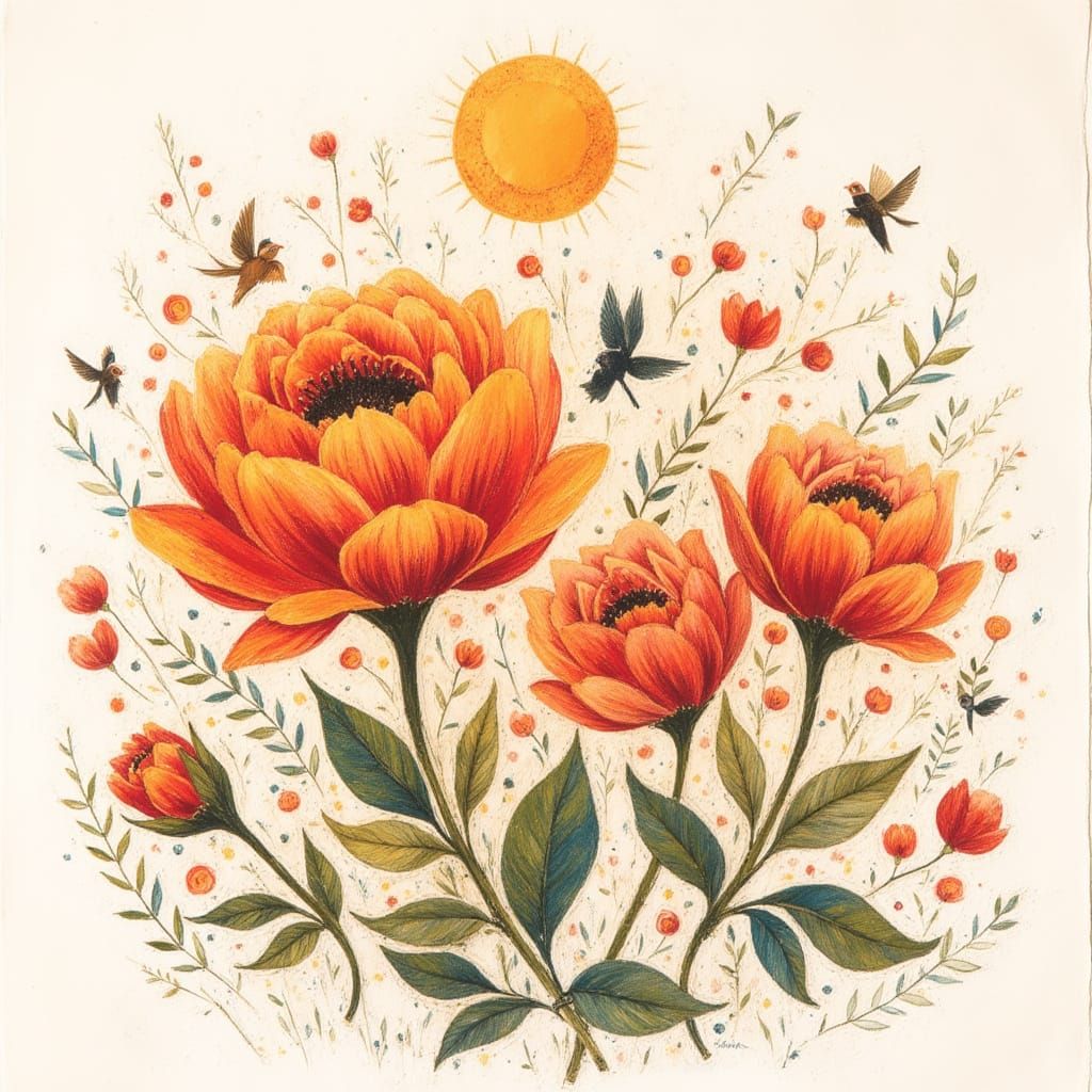 Whimsical Folk Art Roses in Warm Tones