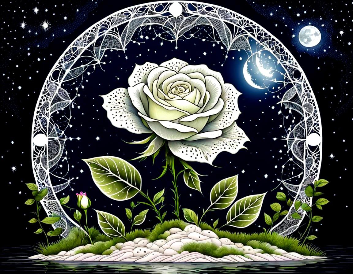 Stunning White Rose Blooms on Serene Lake Island