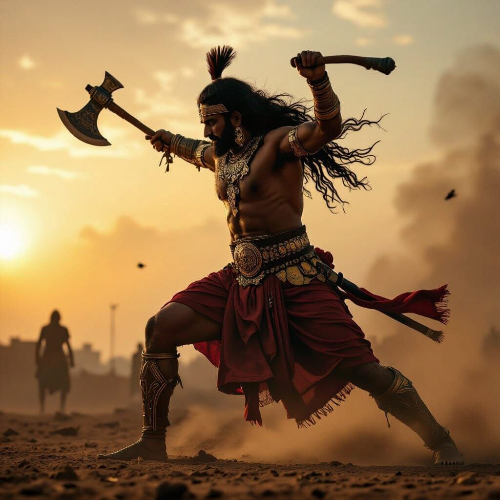 Epic Indian Warrior Swinging Axe in Cinematic Style
