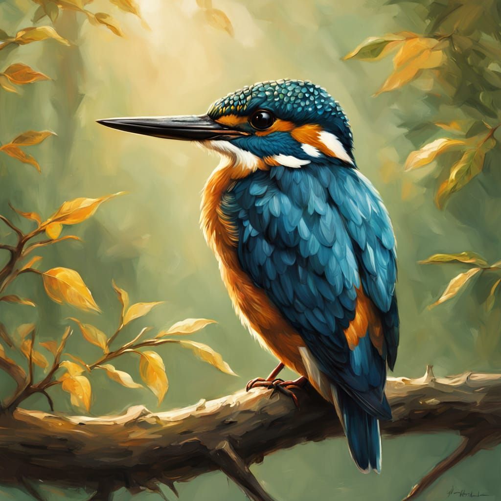 Vibrant Kingfisher in Golden Hour Oil Painting